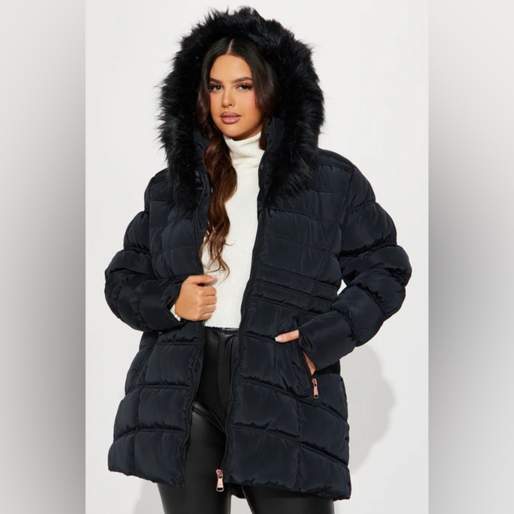 Fashion Nova Black Puffer Jacket with Faux Fur Hood